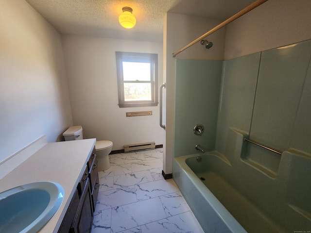 full bathroom featuring a textured ceiling, vanity, shower / bathing tub combination, a baseboard radiator, and toilet