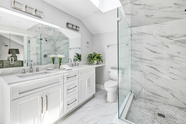 7 Topping Ln, Norwalk, CT 06854 - full bathroom featuring marble look tile flooring, a marble finish shower, double vanity, vaulted ceiling, and toilet