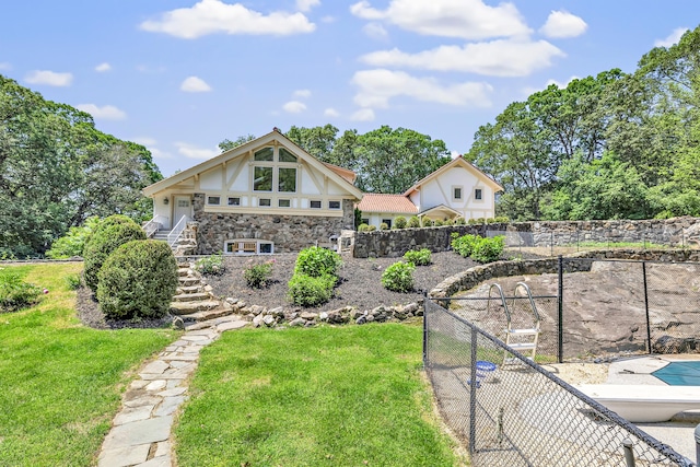 7 Topping Ln, Norwalk, CT 06854 - back of house featuring stairway, stucco siding, and stone siding