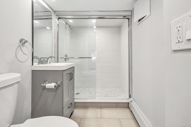 7 Topping Ln, Norwalk, CT 06854 - full bathroom featuring toilet, a shower stall, vanity, tile patterned floors, and baseboard heating