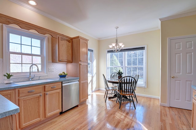 kitchen featuring light hardwood / wood-style floors, stainless steel dishwasher, plenty of natural light, and sink