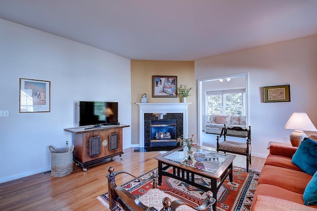 living room featuring hardwood / wood-style floors and a high end fireplace