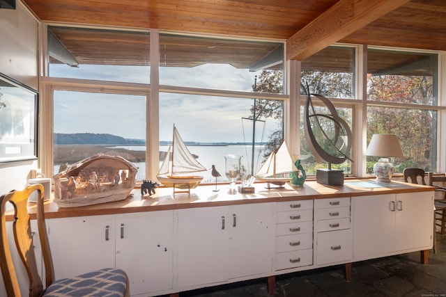 sunroom featuring a water view, wooden ceiling, and a healthy amount of sunlight