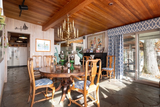 dining space featuring wood ceiling, wooden walls, and an inviting chandelier