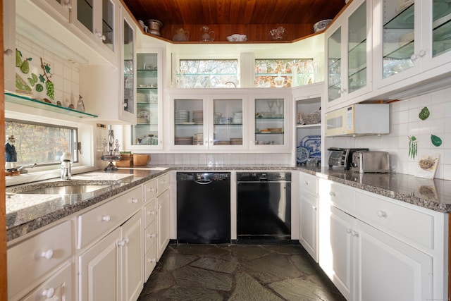 kitchen featuring tasteful backsplash, wood ceiling, white cabinets, dishwasher, and dark stone countertops