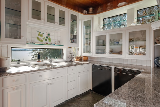 kitchen featuring white cabinets, stone countertops, and black dishwasher