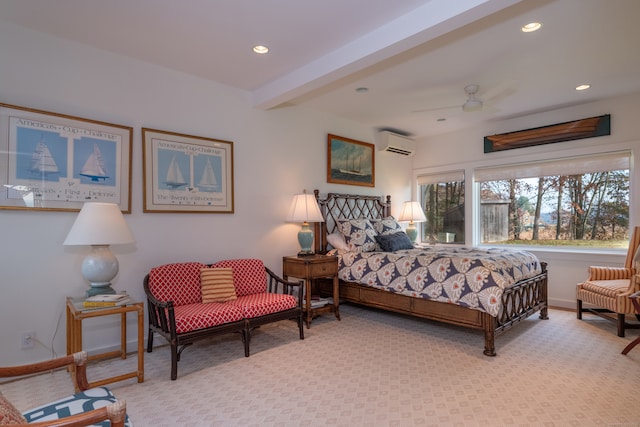 bedroom with ceiling fan, a wall mounted AC, beam ceiling, and light colored carpet