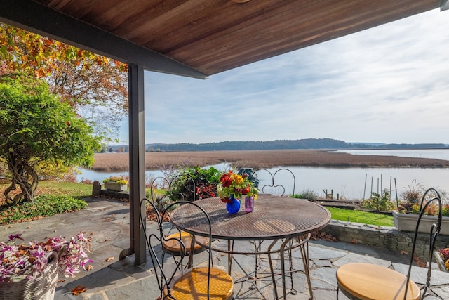 view of patio / terrace featuring a water view