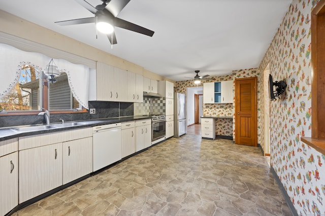 kitchen with stainless steel appliances, ceiling fan, and sink