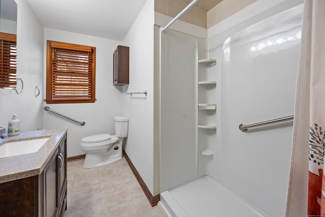 bathroom with toilet, a shower with curtain, vanity, and tile patterned flooring