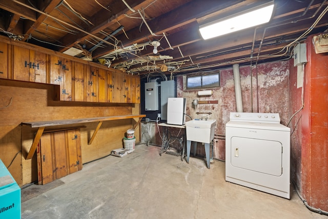 basement with electric panel and sink