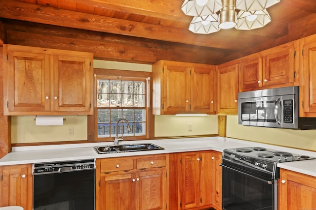 kitchen with black appliances, wood ceiling, sink, and beam ceiling