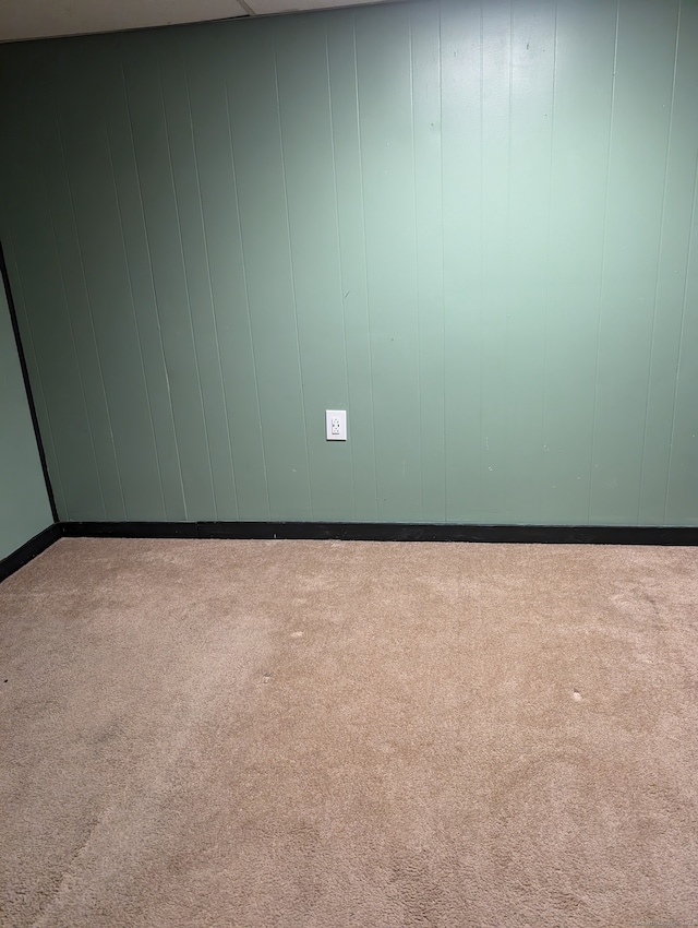 carpeted spare room with wood walls