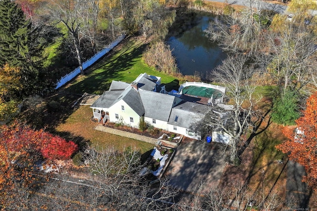 drone / aerial view with a water view