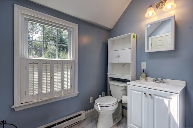 bathroom featuring vanity, a baseboard radiator, toilet, and lofted ceiling