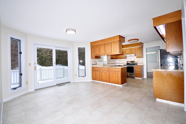 kitchen featuring sink, kitchen peninsula, and stainless steel electric range oven