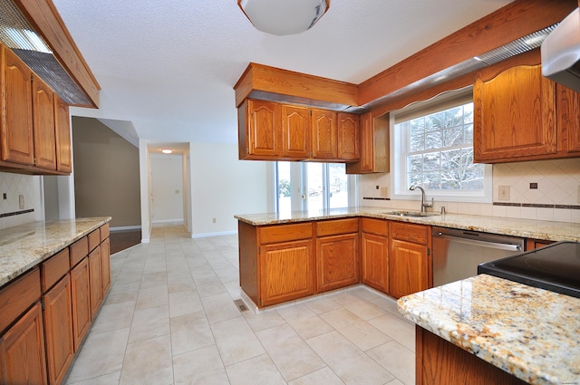 kitchen with sink, light stone counters, tasteful backsplash, stainless steel dishwasher, and kitchen peninsula