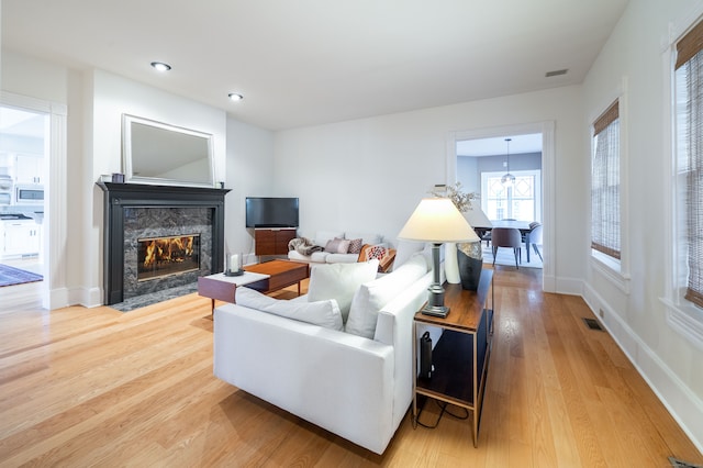 living room featuring a fireplace and wood-type flooring