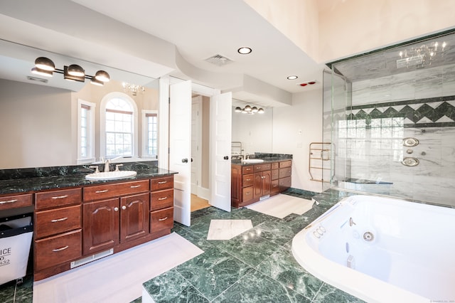 bathroom with vanity and plus walk in shower