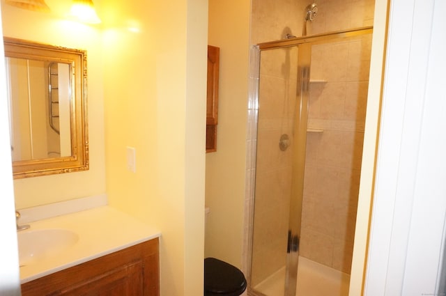 bathroom featuring vanity, toilet, and an enclosed shower