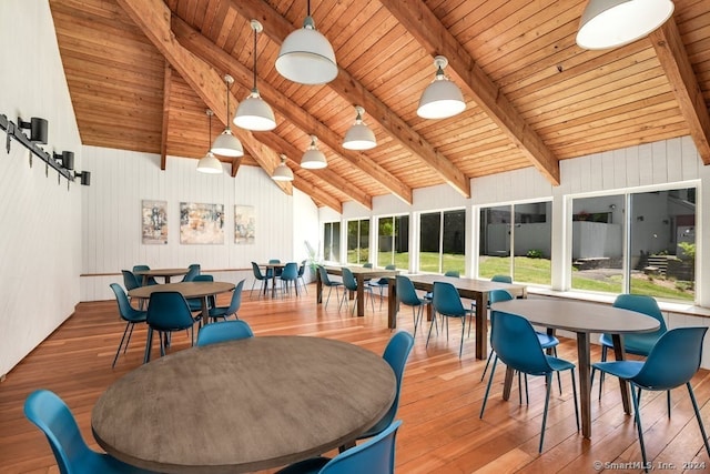 dining room featuring high vaulted ceiling, beam ceiling, wood-type flooring, and wood ceiling