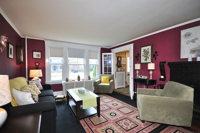 living room featuring carpet and ornamental molding