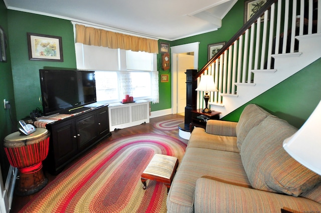 living room featuring radiator heating unit, hardwood / wood-style floors, and crown molding