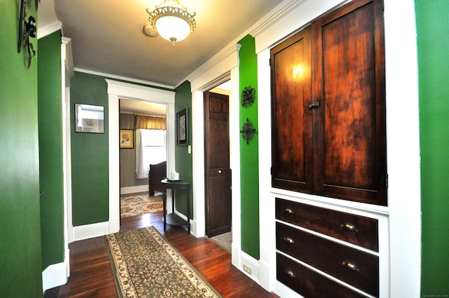 hall featuring ornamental molding and dark wood-type flooring