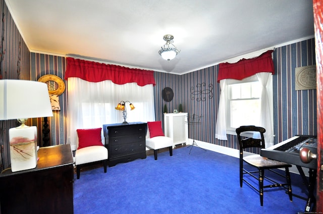 living area featuring dark colored carpet