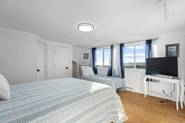 bedroom featuring a baseboard radiator and light hardwood / wood-style flooring