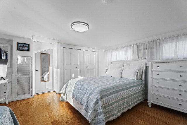 bedroom featuring hardwood / wood-style floors and two closets