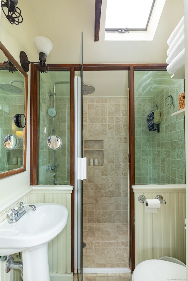 bathroom featuring toilet, sink, a skylight, and a shower with shower door