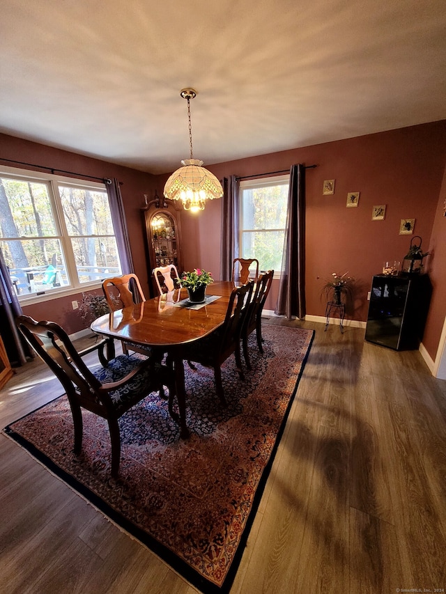 dining room featuring plenty of natural light, a chandelier, and dark hardwood / wood-style flooring