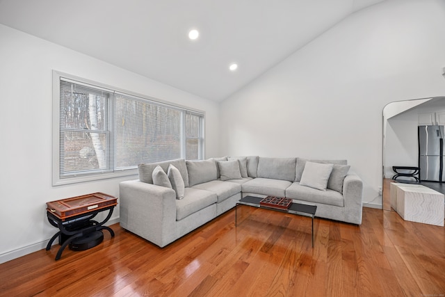 living room with light hardwood / wood-style flooring and vaulted ceiling