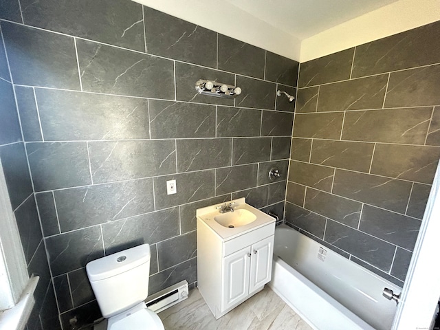 bathroom featuring tile walls, vanity, toilet, and a baseboard heating unit