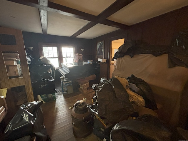 interior space featuring hardwood / wood-style flooring and beamed ceiling