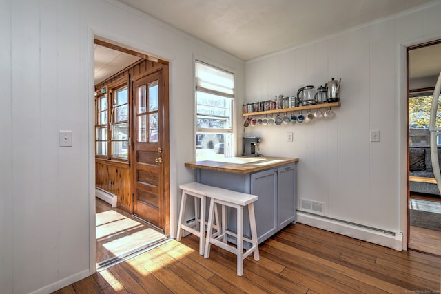 doorway with plenty of natural light, dark wood-type flooring, and a baseboard radiator