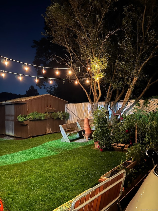 view of yard at night