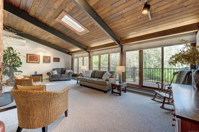 living room featuring vaulted ceiling with skylight, a wall mounted air conditioner, wood ceiling, and carpet