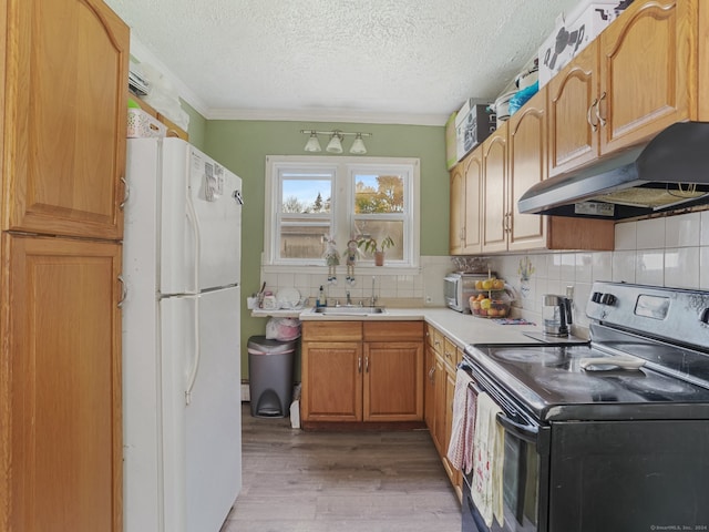 kitchen with tasteful backsplash, white fridge, light wood-type flooring, sink, and stainless steel electric stove