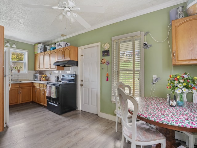 kitchen featuring ceiling fan, backsplash, black electric range, crown molding, and light hardwood / wood-style flooring