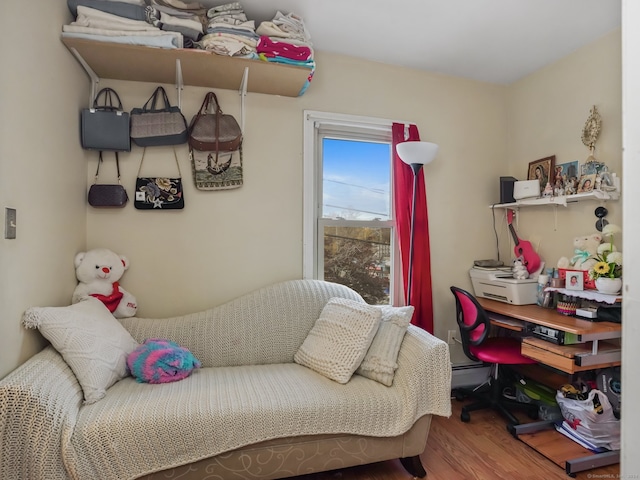 bedroom featuring wood-type flooring and baseboard heating