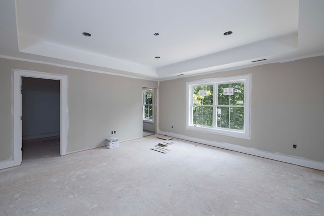 unfurnished room with a raised ceiling