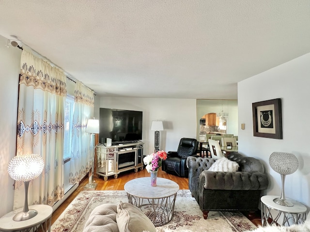 living room featuring a textured ceiling and light wood-type flooring