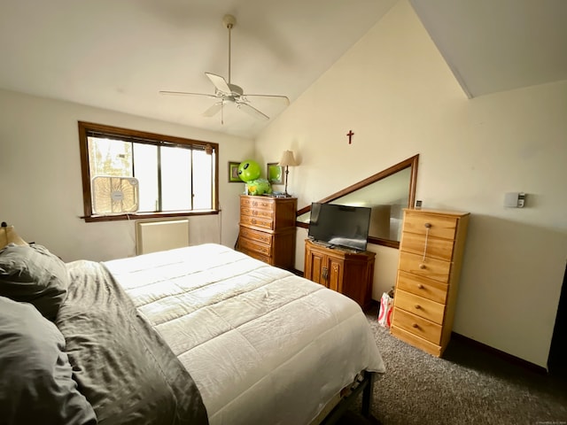 bedroom with dark colored carpet, lofted ceiling, and ceiling fan