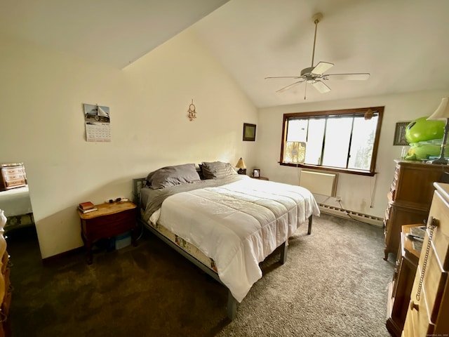 bedroom with vaulted ceiling, dark carpet, ceiling fan, and a baseboard radiator