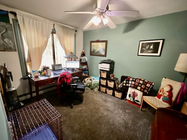 carpeted office space with ceiling fan