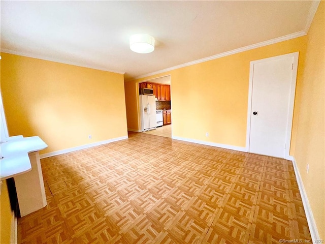 unfurnished living room featuring light parquet floors and ornamental molding