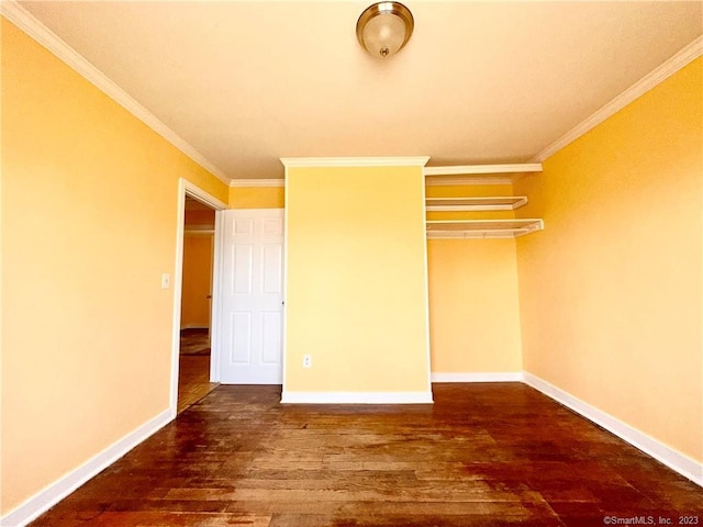 unfurnished bedroom featuring a closet, hardwood / wood-style floors, and ornamental molding