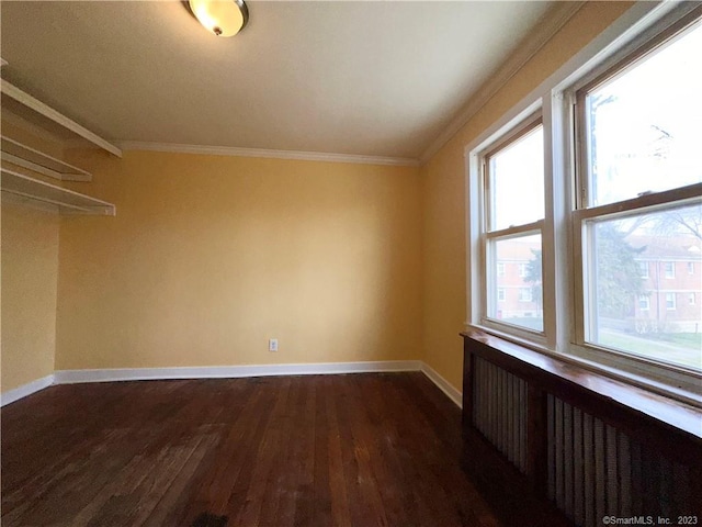 interior space featuring dark hardwood / wood-style flooring, radiator heating unit, crown molding, and plenty of natural light